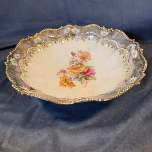 Vintage Royal Vienna AK Porcelain Floral Bowl Scalloped Gold Trim Iridescent 8.5